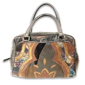 Patchwork Brown and Gold Tapestry Metallic Leather Bowling Bag